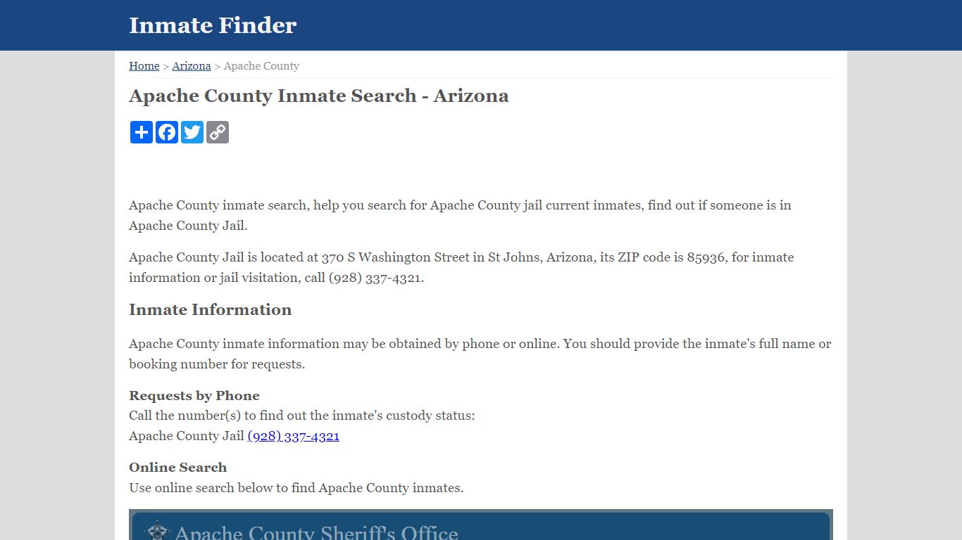 Apache County Inmate Search - Arizona - InmateFinder.org